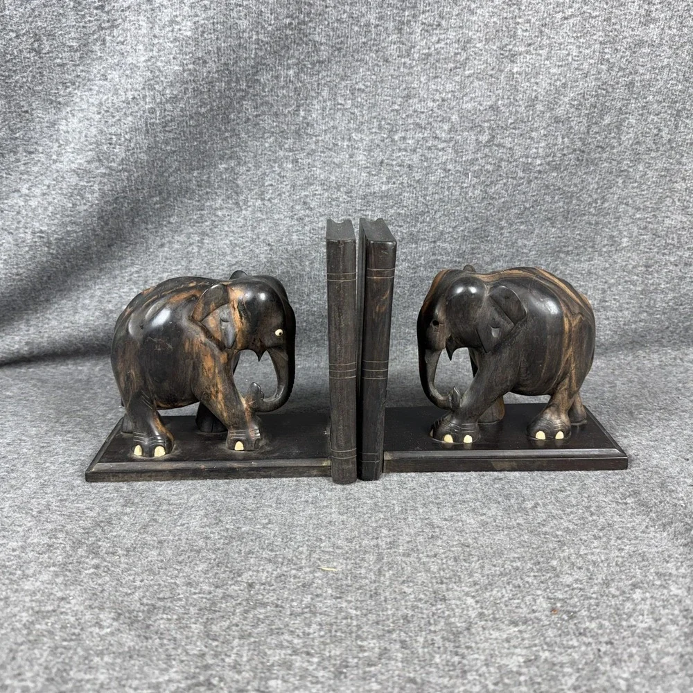 Wood Elephant Bookends Pair Hand Carved Book Holder Brown Home Decor Shelf